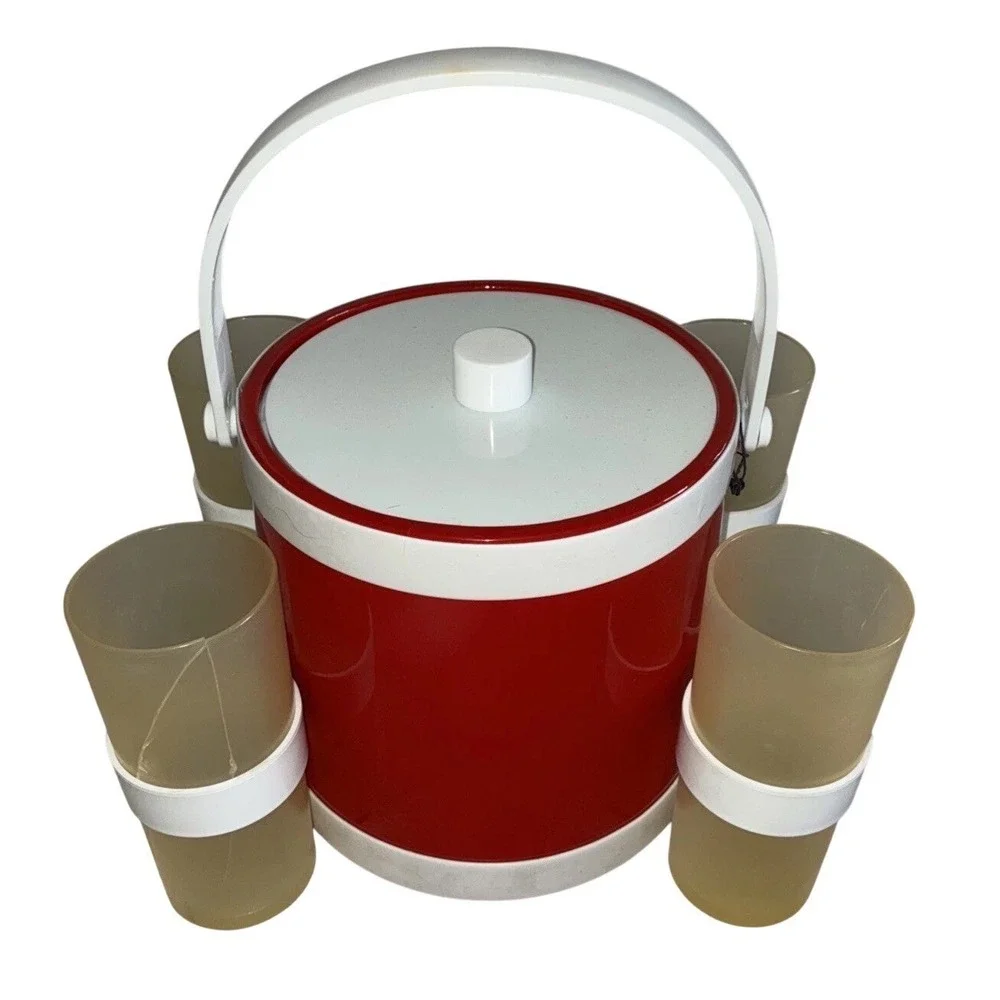 Shelton Ware Ice Bucket Cup Holders Red White Durlane Cups Vintage *flaws